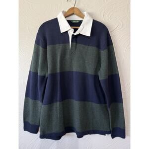 Orvis Merino Wool Rugby Sweater Mens Large Blue Green Striped Collared Pullover
